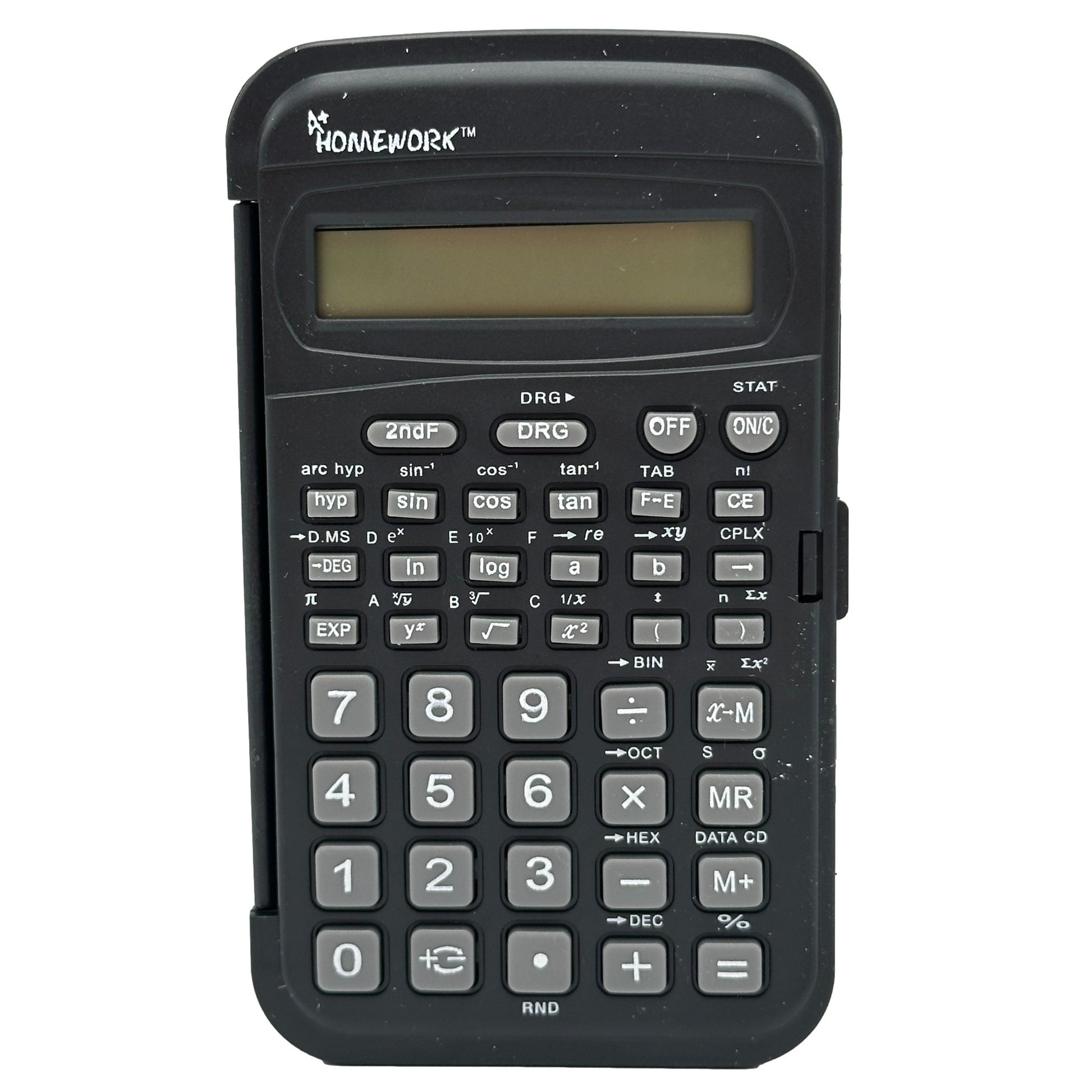 Black scientific calculator with a cover.