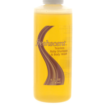 Bottle of yellow Freshscent tearless baby shampoo & body wash.
