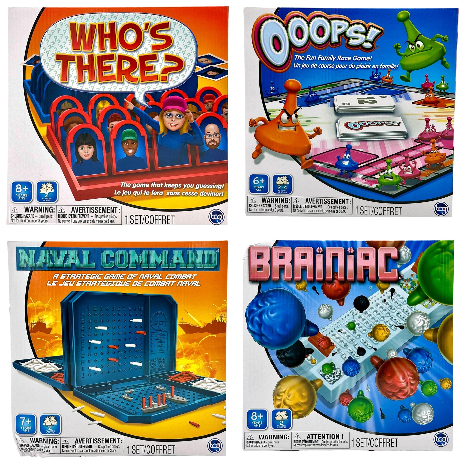 Four game boxes: "Who's There?", "Ooops!", "Naval Command", and "Brainiac".