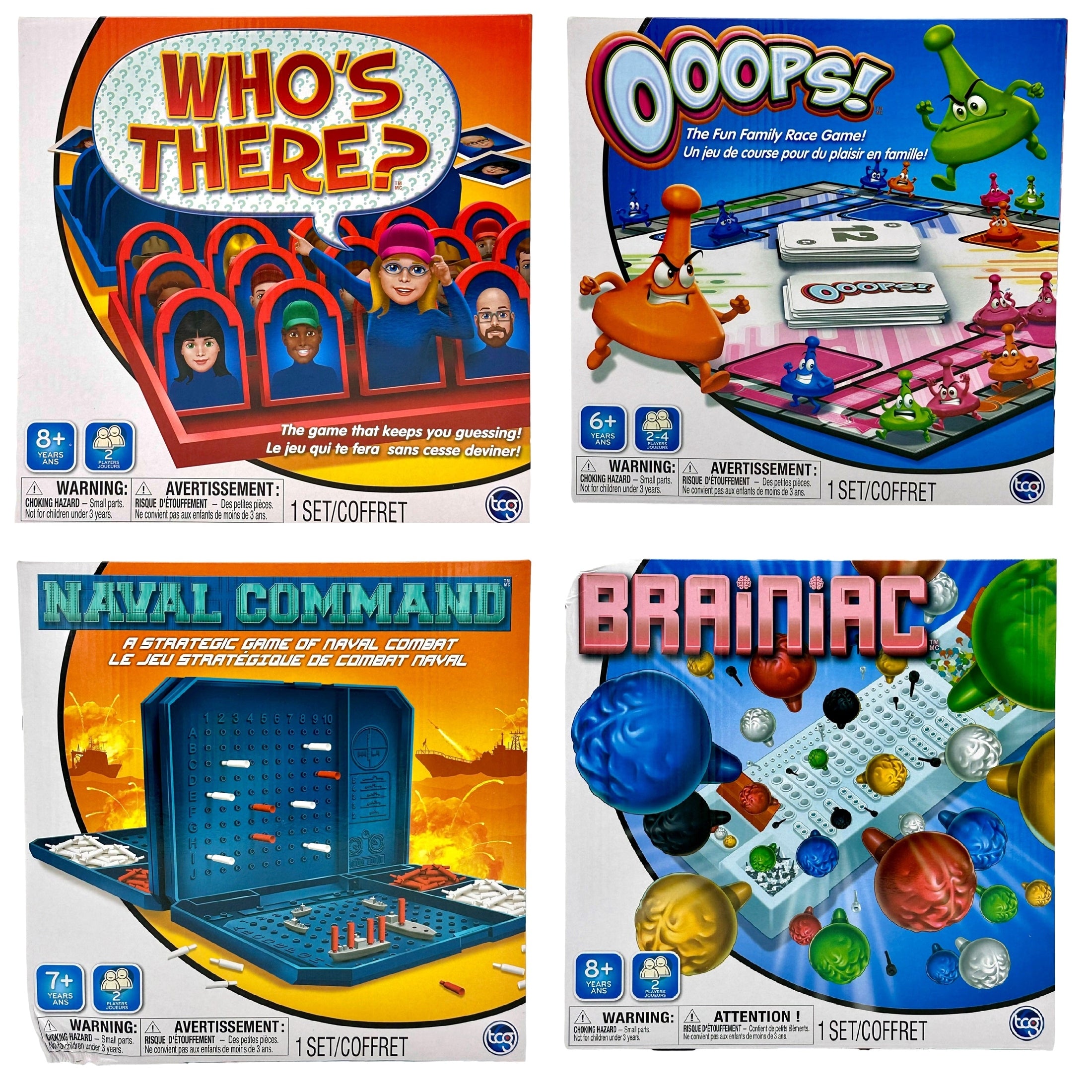 Four game boxes: "Who's There?", "Ooops!", "Naval Command", and "Brainiac".