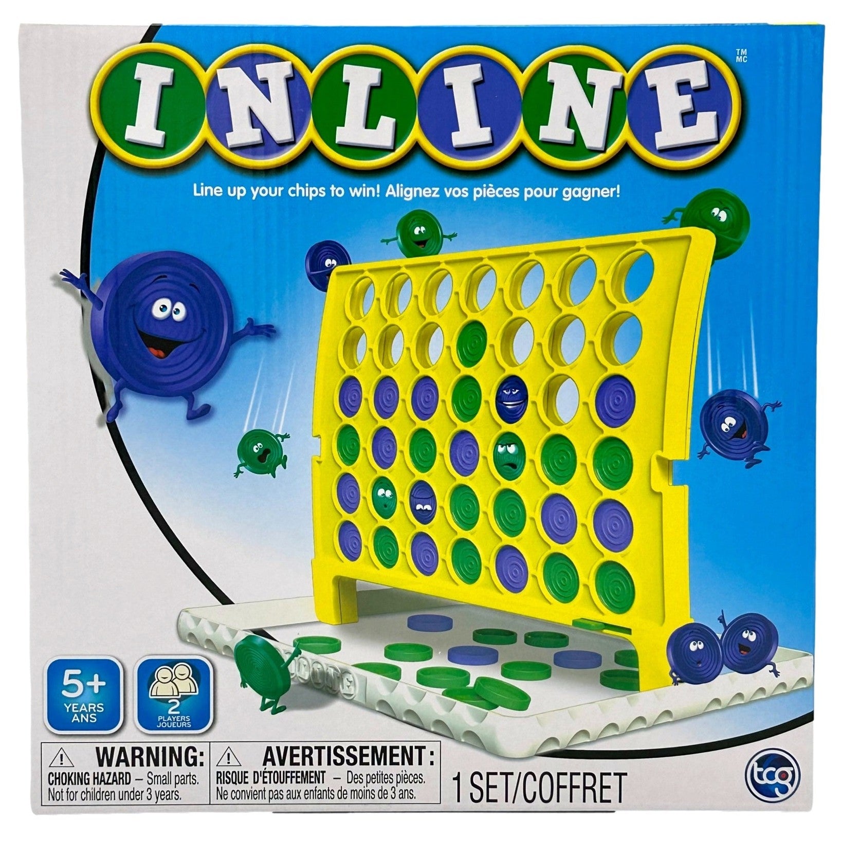 Box of "Inline" game with yellow game board and blue and green chips.