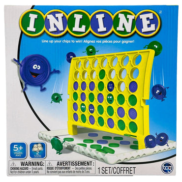 Box of "Inline" game with yellow game board and blue and green chips.