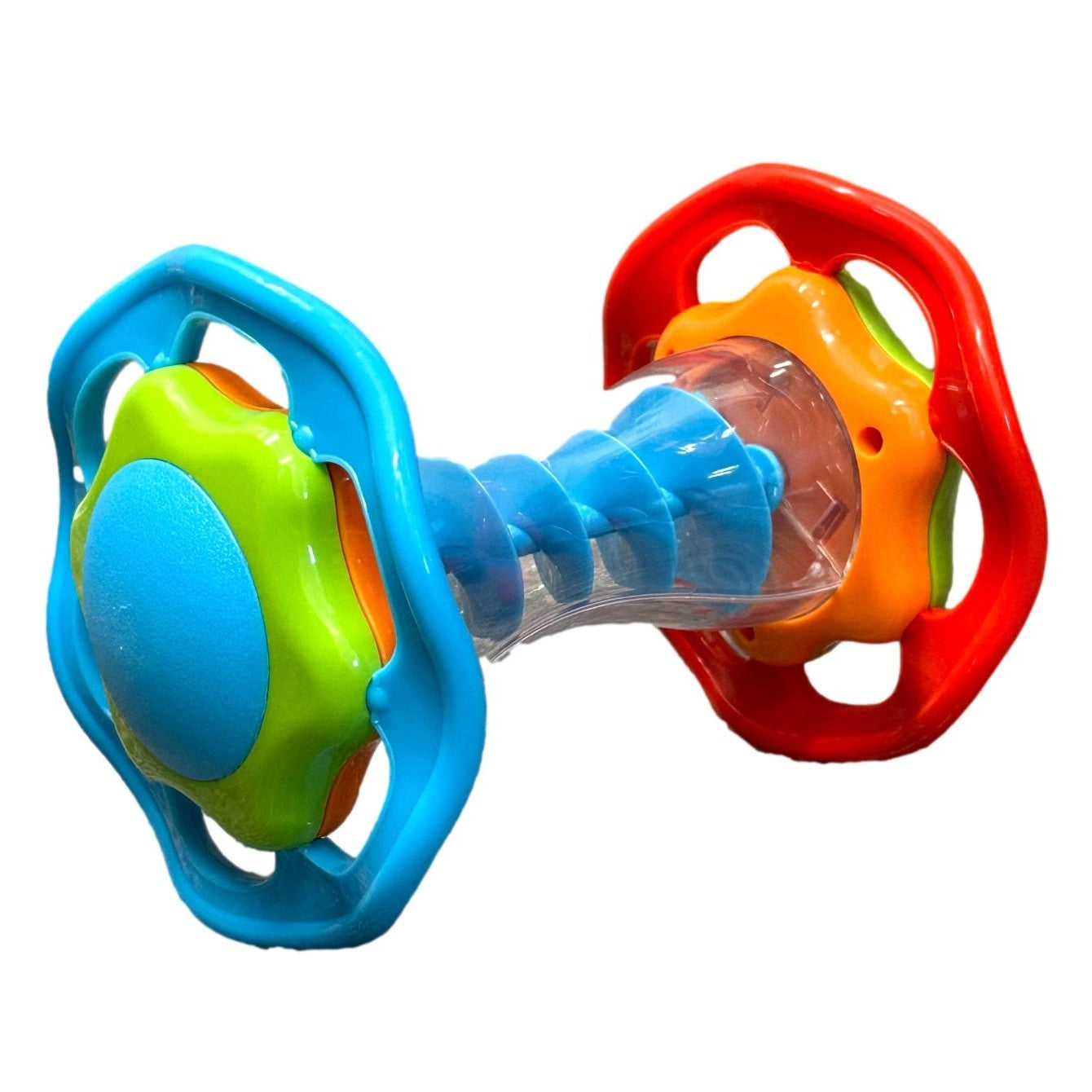 Colorful dumbbell-shaped baby rattle toy with blue spiral.