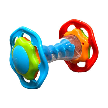Colorful dumbbell-shaped baby rattle toy with blue spiral.