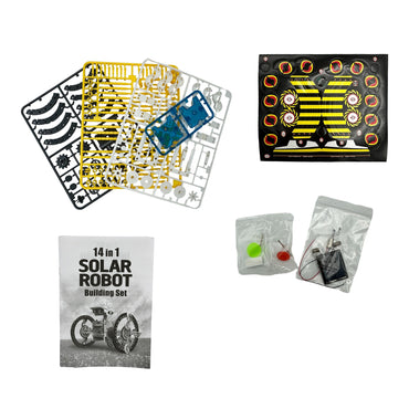 A 14-in-1 solar robot building set with assorted parts, components, and decals displayed on a white background.