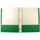 Here are some appropriate alt tags for the image:
*   Open green two-pocket folder.
*   Green presentation folder with pockets.
*   Interior view of a green binder.