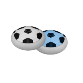 Here are some descriptive alt tags for the product image, focusing on visual details:
*   Two hover soccer balls, one white and one light blue.
*   Rounded, flat soccer balls with white and black panel patterns.
*   Product shot of indoor hovering soccer balls.
*   White and blue hover soccer puck toys.
*   Pair of soccer themed hover pucks.
