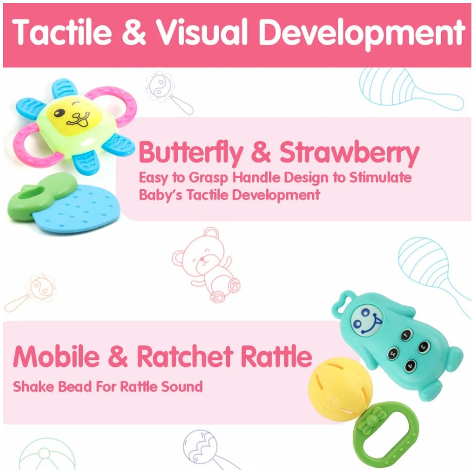 Colorful baby rattles promoting tactile and visual development.