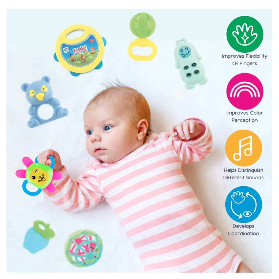 A baby in a striped pink and white onesie lies on a white surface surrounded by colorful baby toys. The image also has text and graphics describing the benefits of the toys, such as improving finger flexibility, color perception, sound distinction, and coordination.