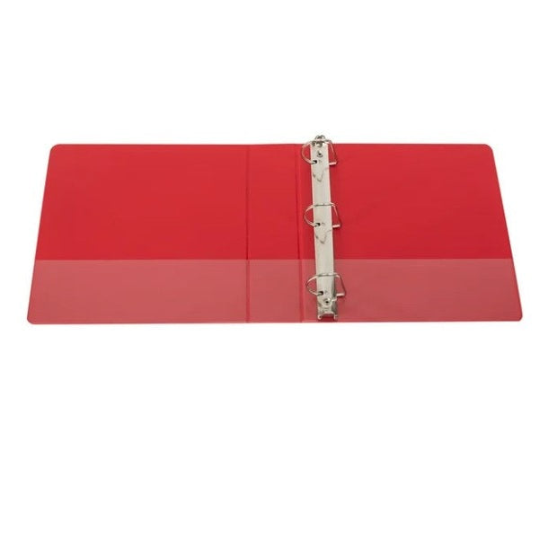 Open red three-ring binder.