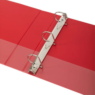 Red three-ring binder with silver metal rings.