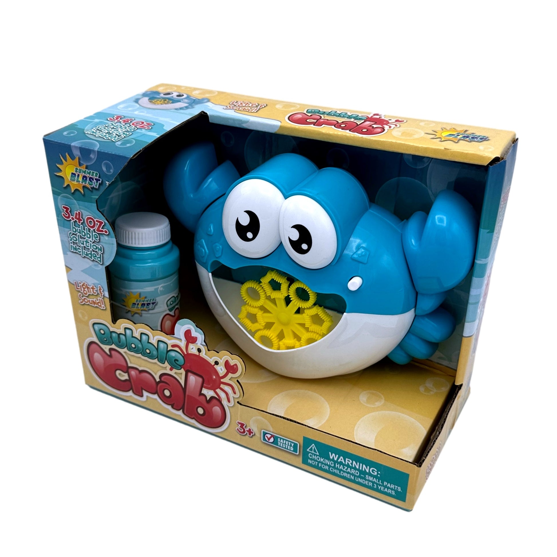 Boxed blue crab bubble maker with a bottle of bubble solution.