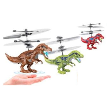 Three colorful toy dinosaurs with rotors on their backs, hovering above a hand.