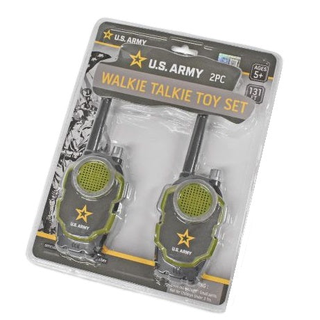 Here is an appropriate alt text for the image:

Packaged U.S. Army walkie talkie toy set.
