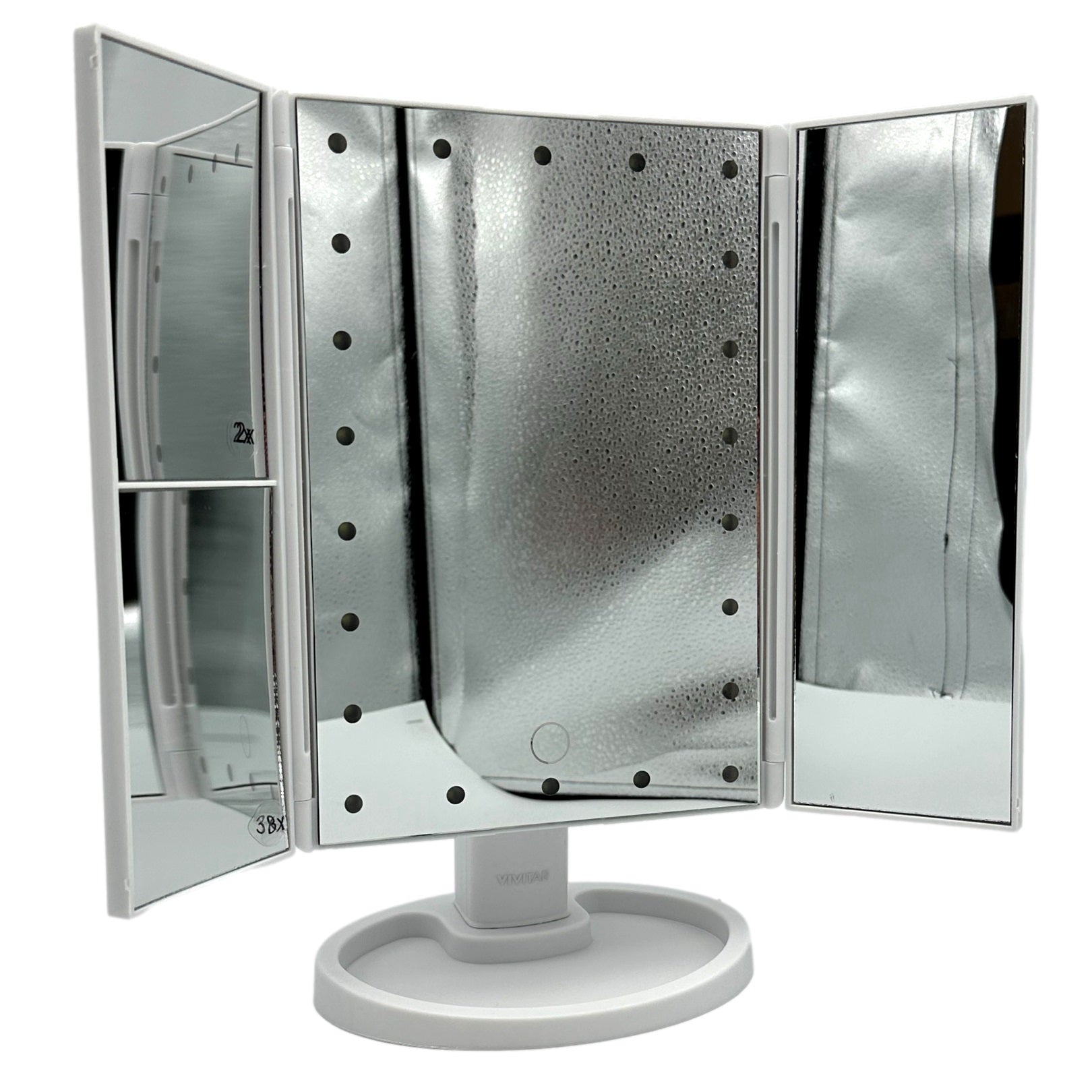 White lighted trifold vanity mirror with magnification.
