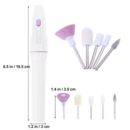 Image of a white electric nail file with multiple attachments.