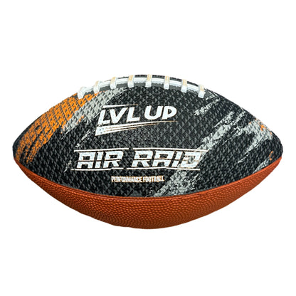 A black and orange "LVL UP AIR RAID" football.
