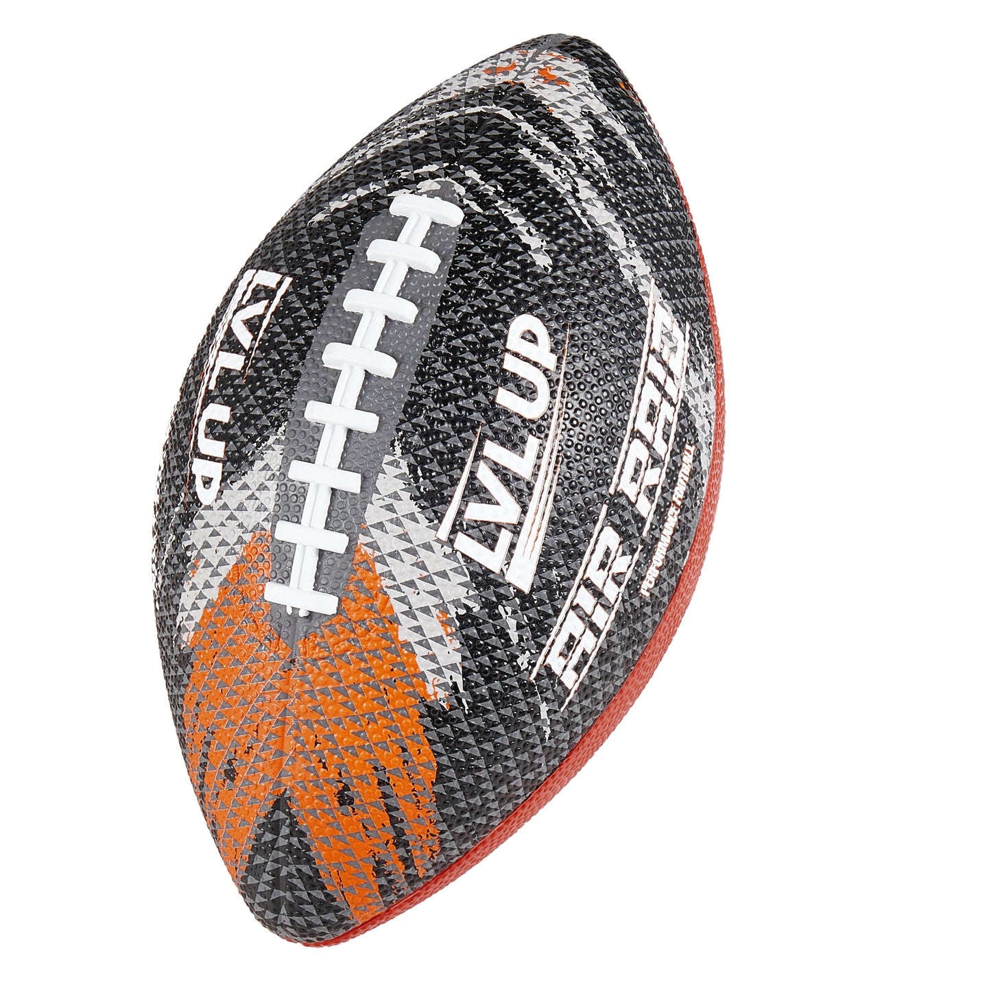 An American football with black, orange, and white colors.