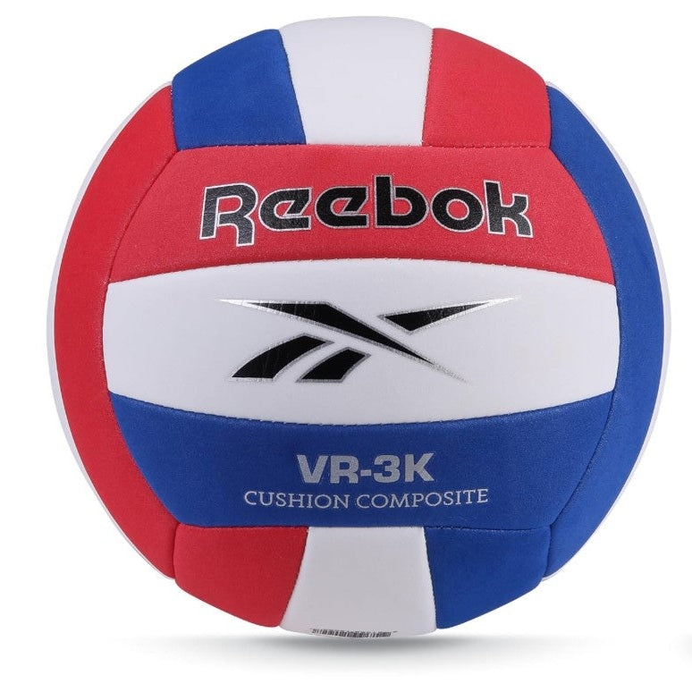 Red, white, and blue Reebok volleyball on a white background