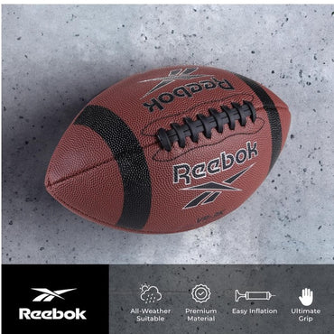 A Reebok football against a gray background, showcasing product features.