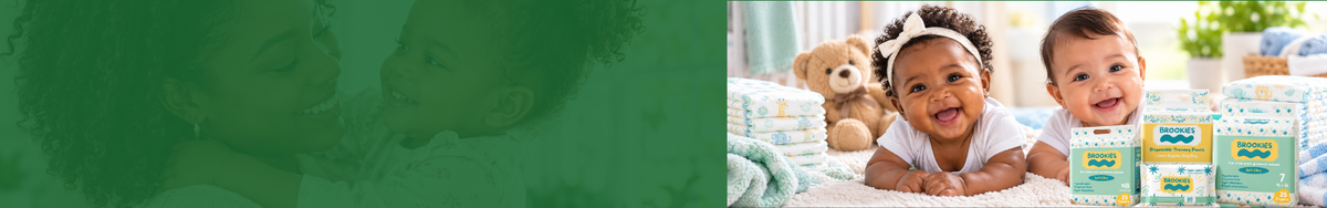 A split promotional banner: the left side is a dark green textured panel with a faint blurred portrait, and the right side shows a smiling baby lying on a bed with a teddy bear next to several small juice boxes.