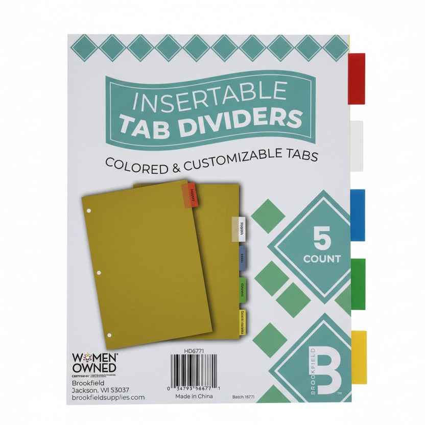 Insertable 5 TAB BINDER DIVIDERS INSERTABLE COLOR TABS – HDI Wholesale