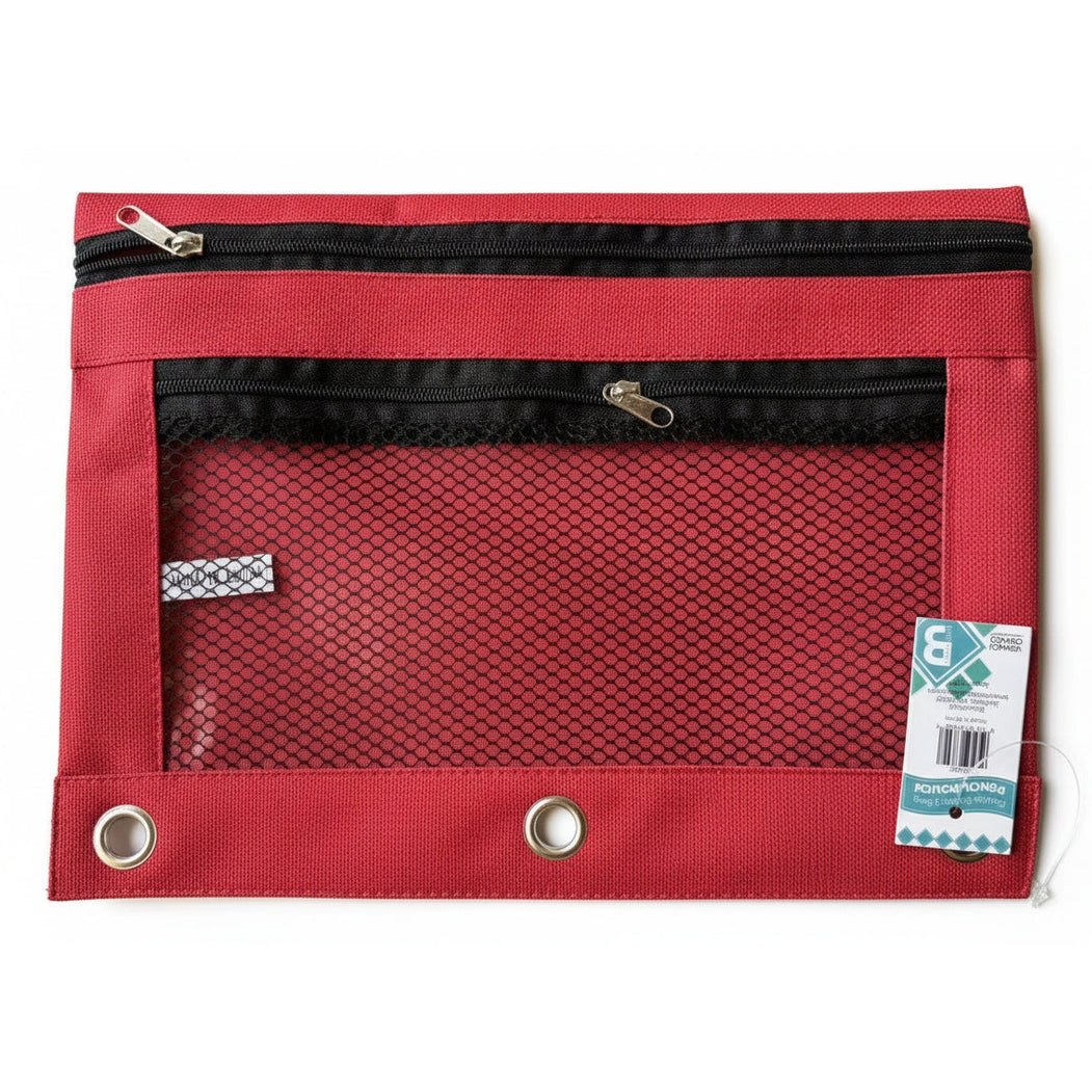 Red pouch with black mesh pocket and zipper, featuring a brand label.