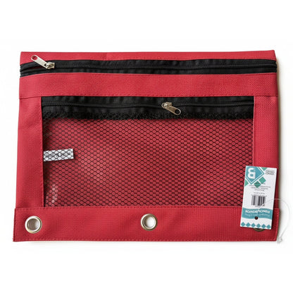 Red pouch with black mesh pocket and zipper, featuring a brand label.