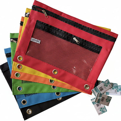 Colorful pouches with grommets on a white background