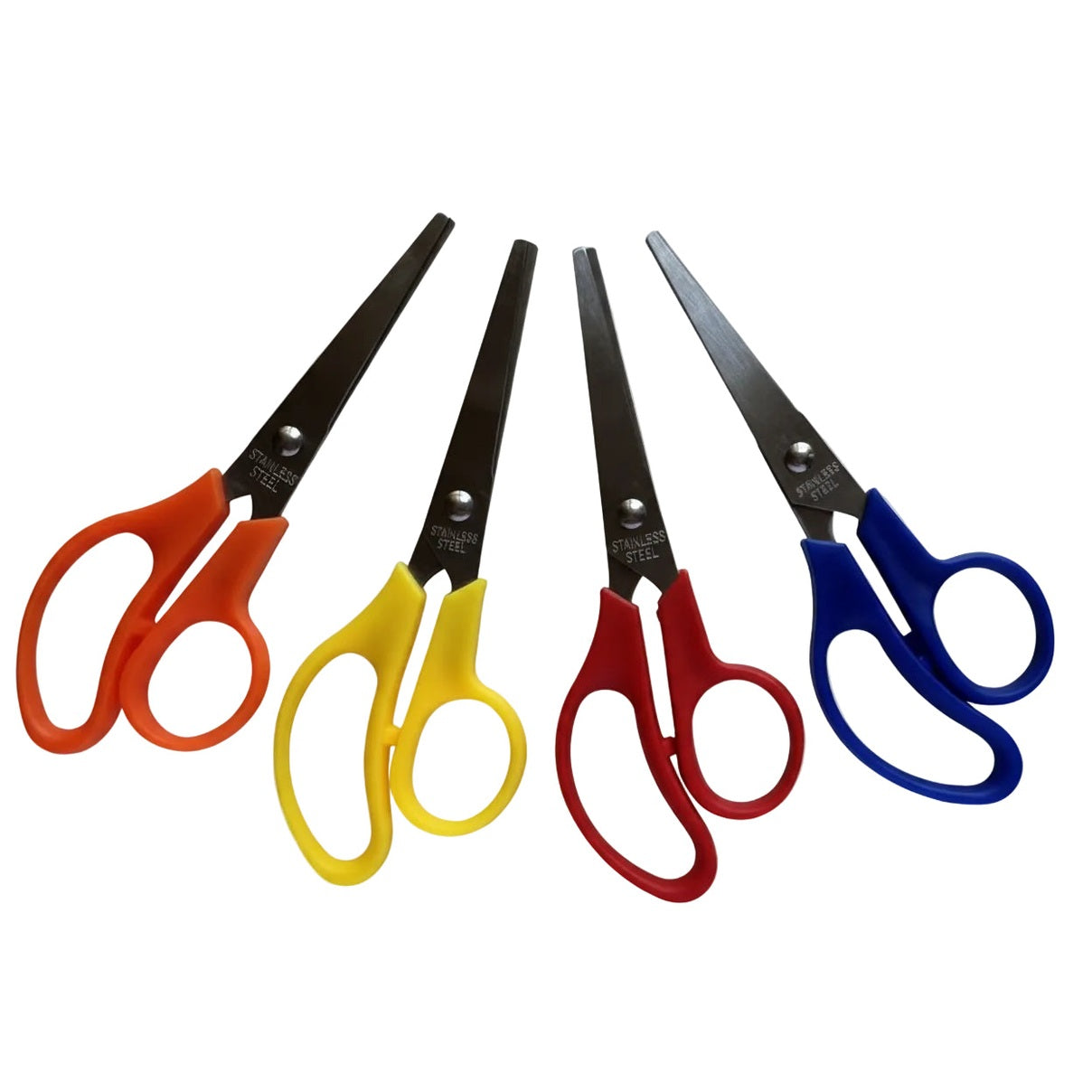 Four pairs of scissors with different colored handles on a white background