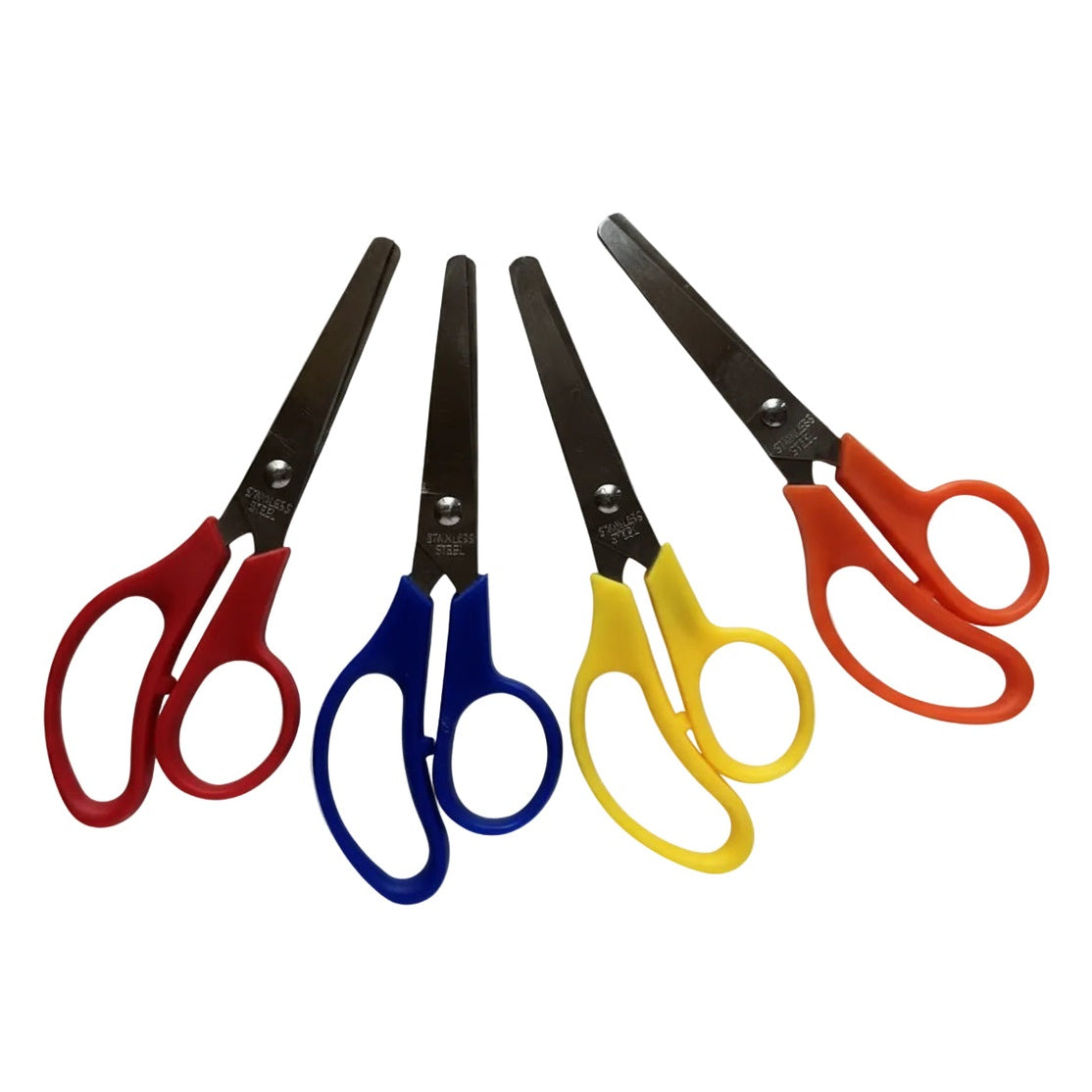 Four pairs of scissors with red, blue, yellow, and orange handles on a white background.