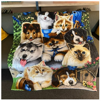 PUPPIES & KITTENS BIRDHOUSE GARDEN FLEECE BLANKET 50 X 60 IN