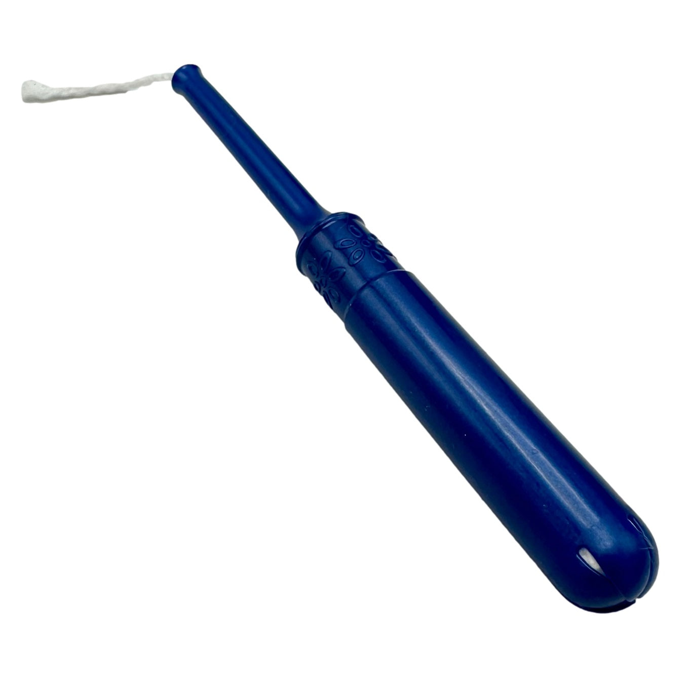 Blue plastic tampon applicator with cotton string.
