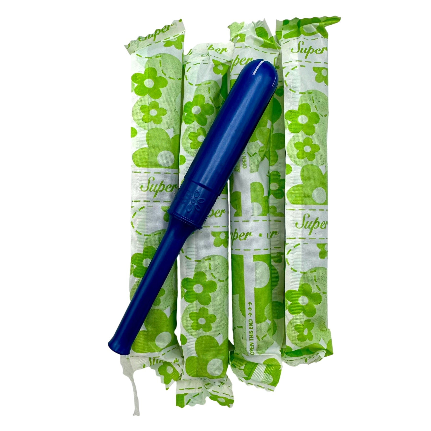 Group of wrapped tampons with a blue plastic applicator.