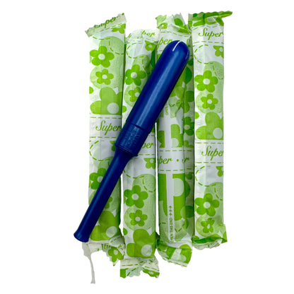 Group of wrapped tampons with a blue plastic applicator.