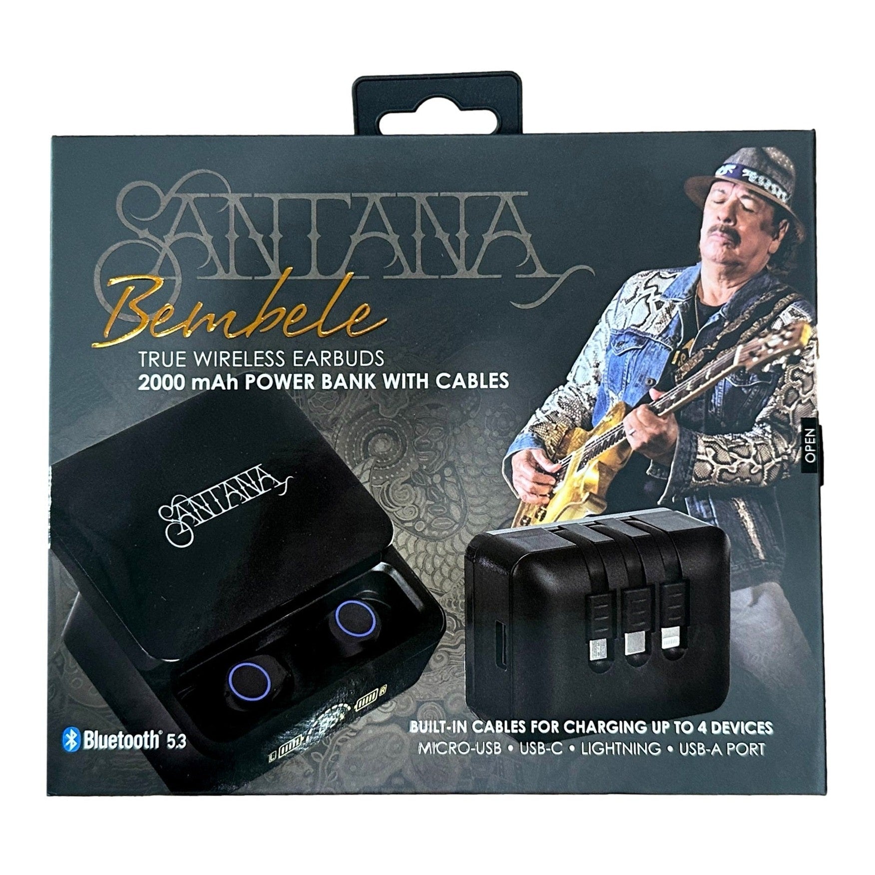 Product box with Santana branding for true wireless earbuds and power bank with cables.