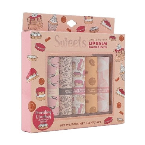Pink box of lip balm with dessert patterns.
