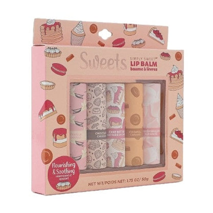 Pink box of lip balm with dessert patterns.