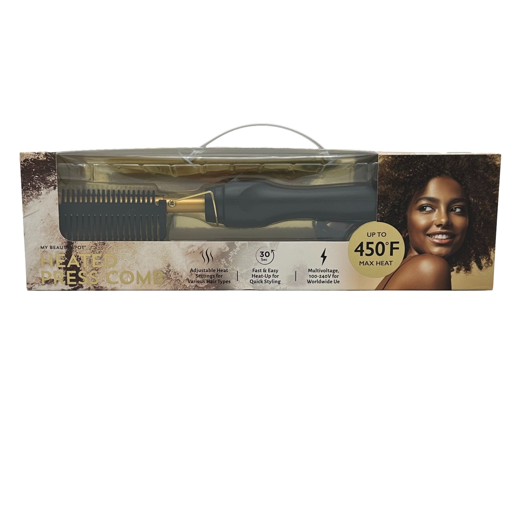 A packaged heated pressing comb with an image of a woman on the packaging.