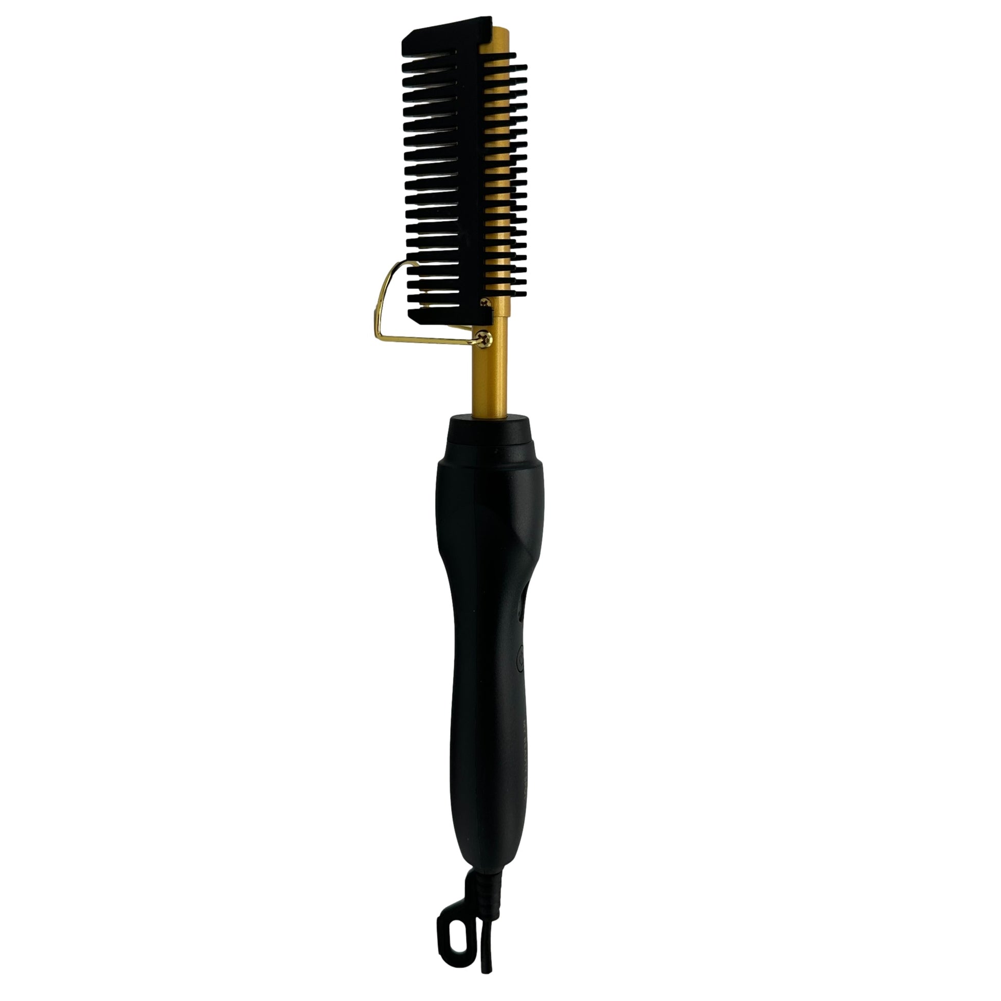 Hair straightening comb with black handle and gold accents.