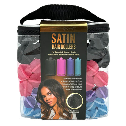 Satin hair rollers in a zippered clear bag with a handle.