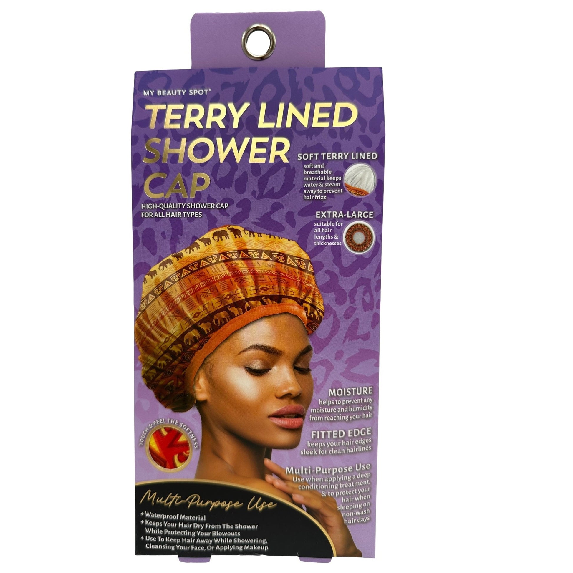 Product packaging for a "My Beauty Spot" terry-lined shower cap.