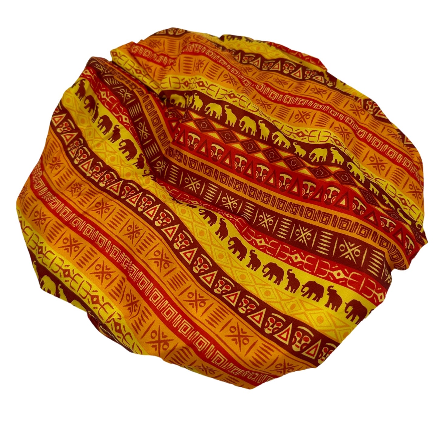Red, yellow, and orange African print bonnet.