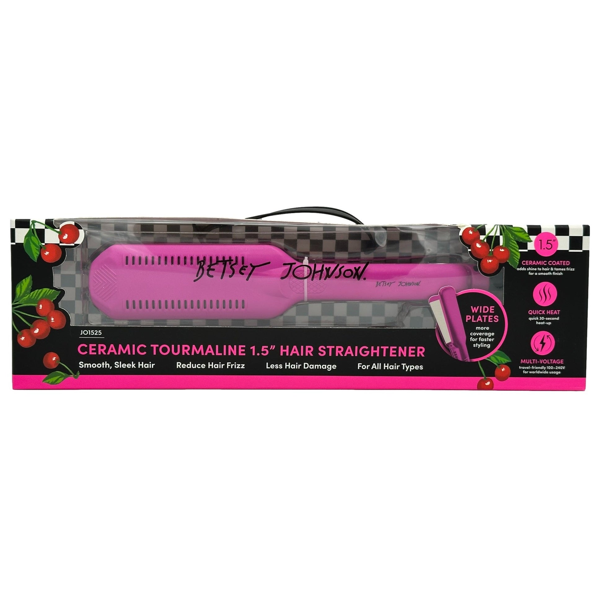Pink Betsey Johnson 1.5" ceramic tourmaline hair straightener in packaging.
