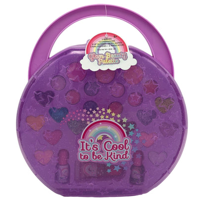 Purple, round children's makeup kit with handle.