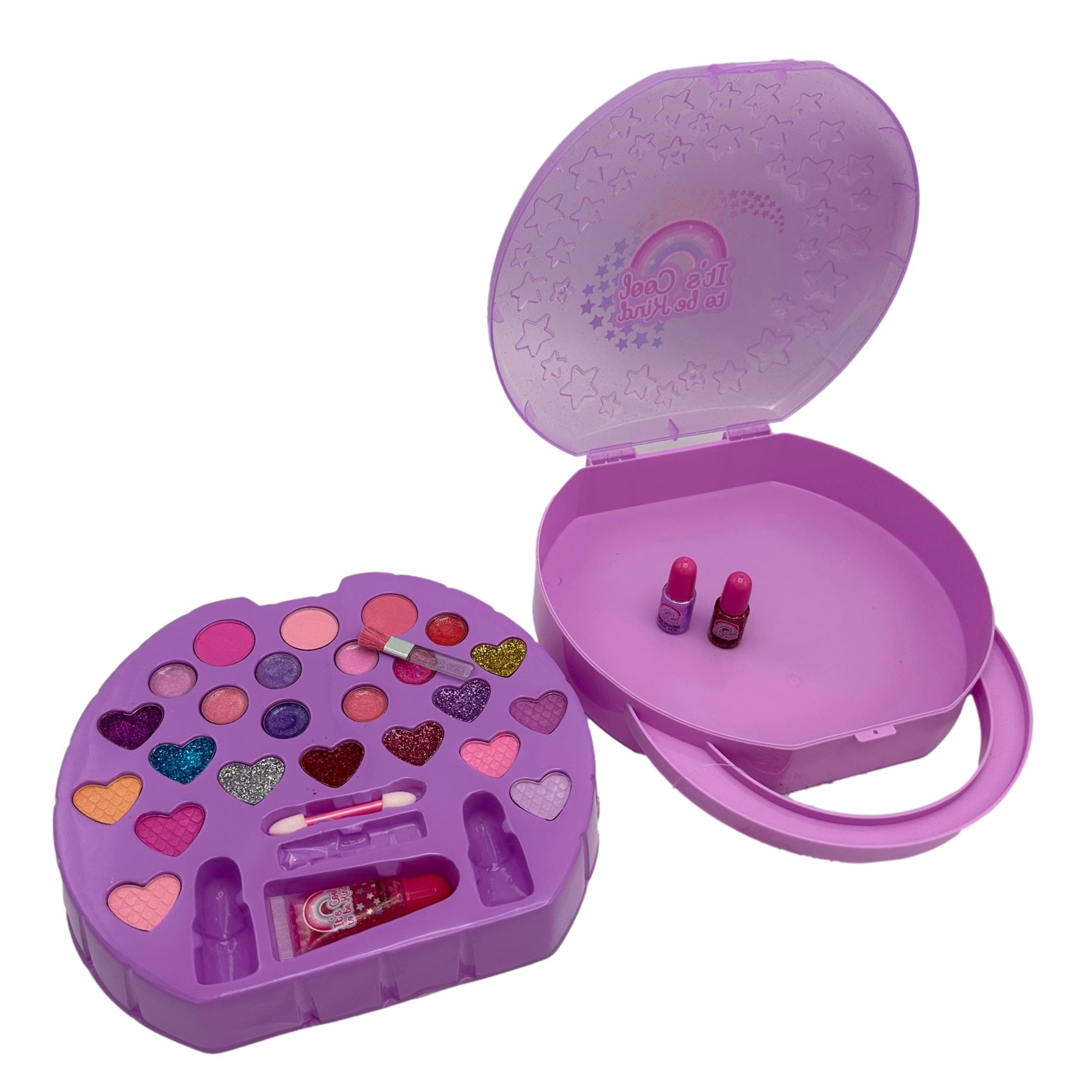 Open purple toy makeup kit.
