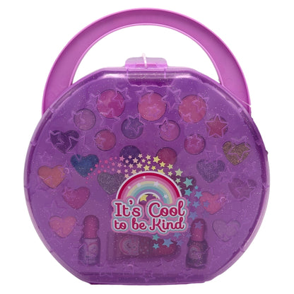 Purple glittery makeup kit with handle.