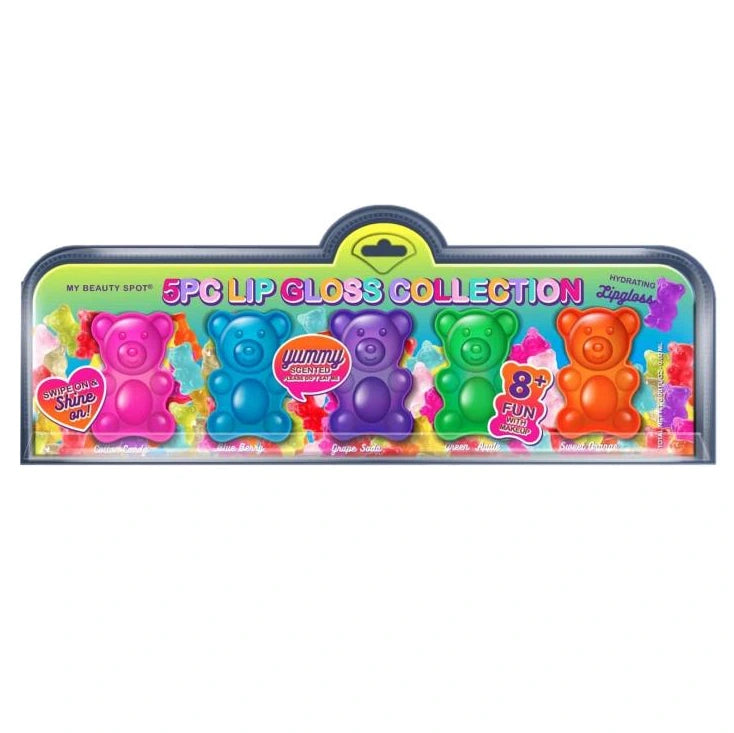Packaged set of five gummy bear lip glosses in pink, blue, purple, green, and orange.