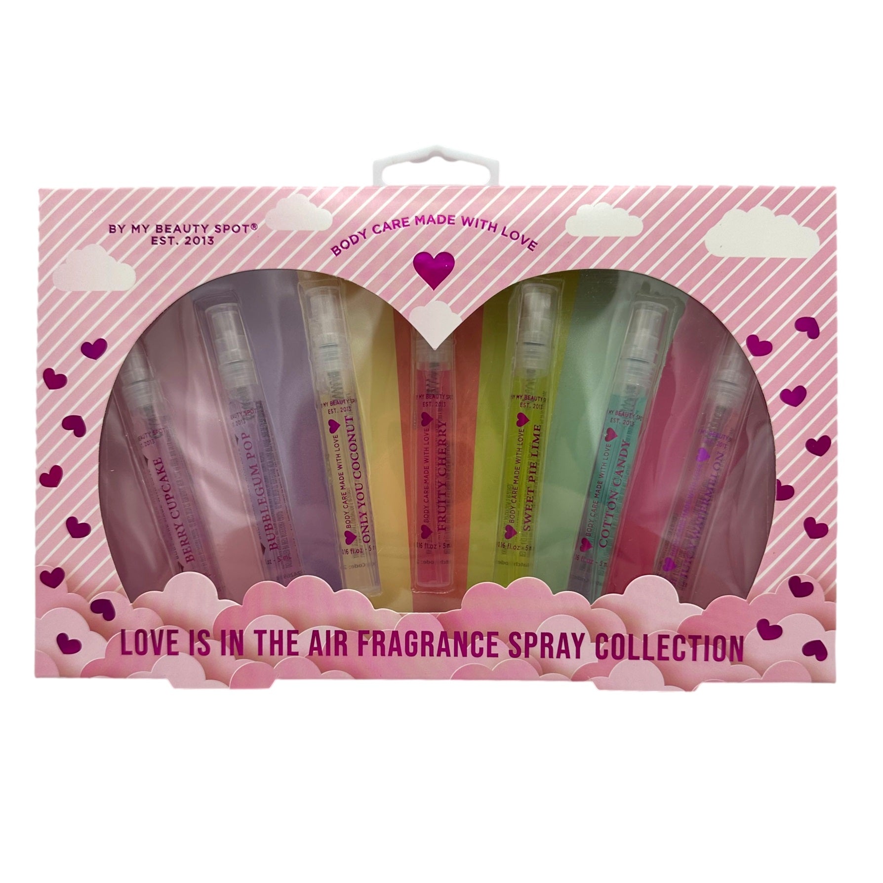 Box of fragrance spray collection in pastel colors.