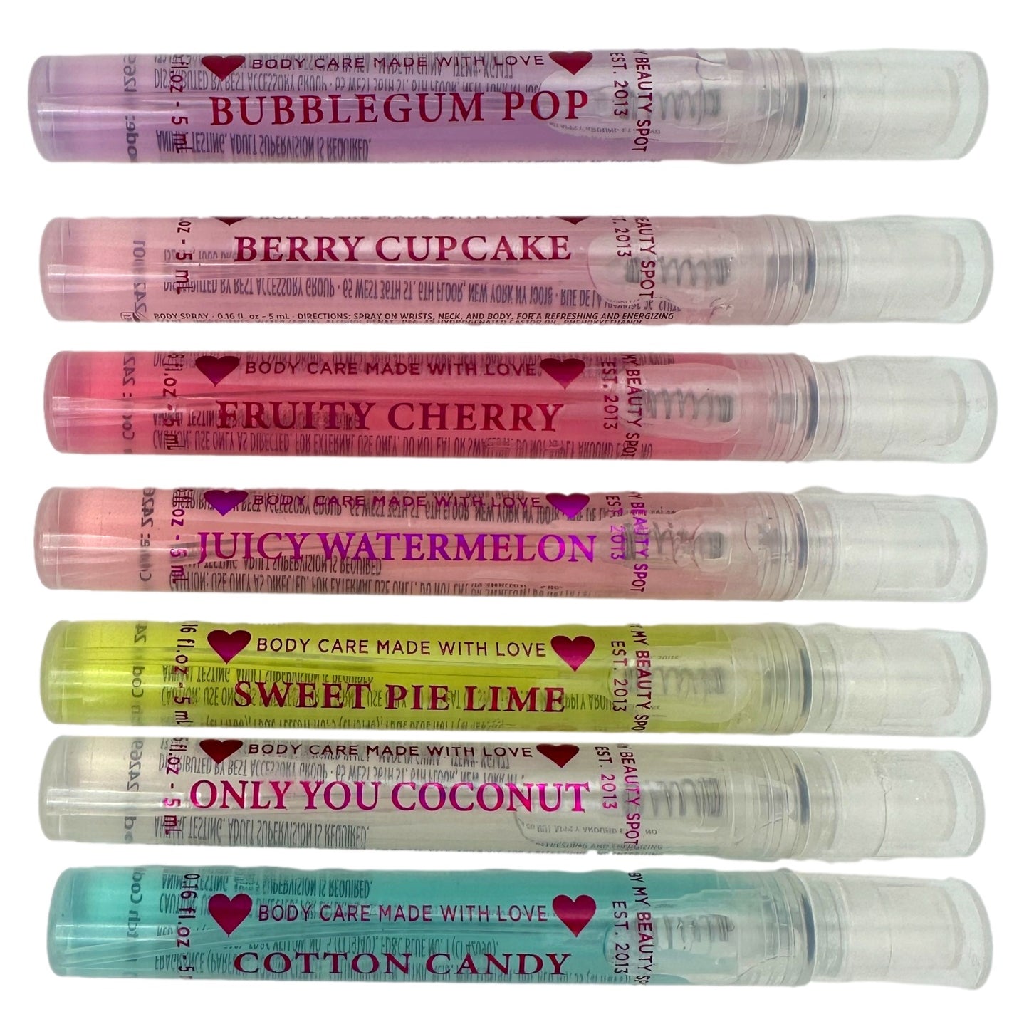 Array of colorful body sprays in clear tubes.